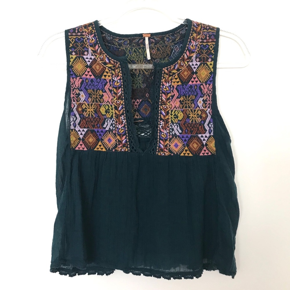 Free People Teal Embroidered Sleeveless Boho Top